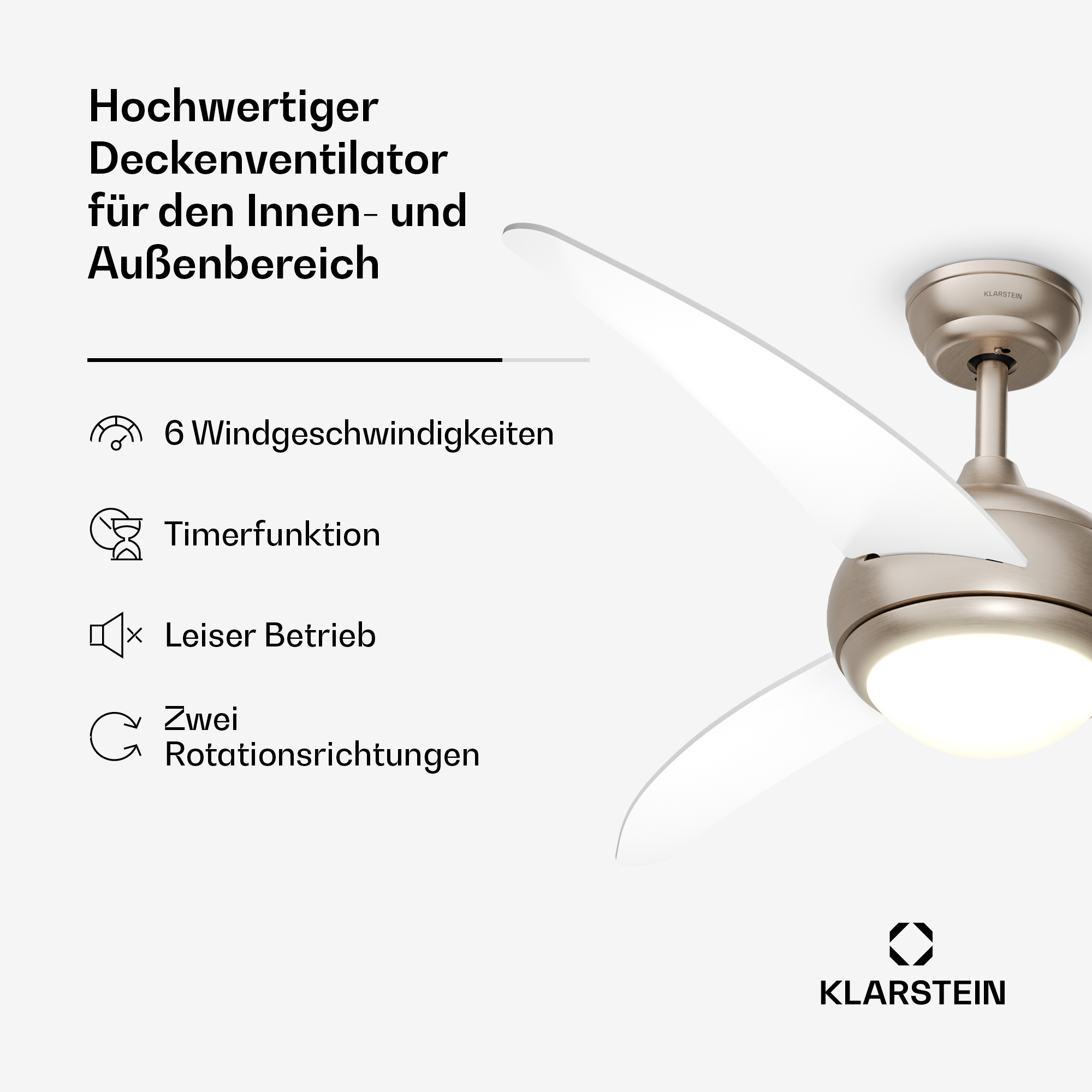 Ventilatore da soffitto moderno con luce, 6 velocità, timer, funzionamento silenzioso.