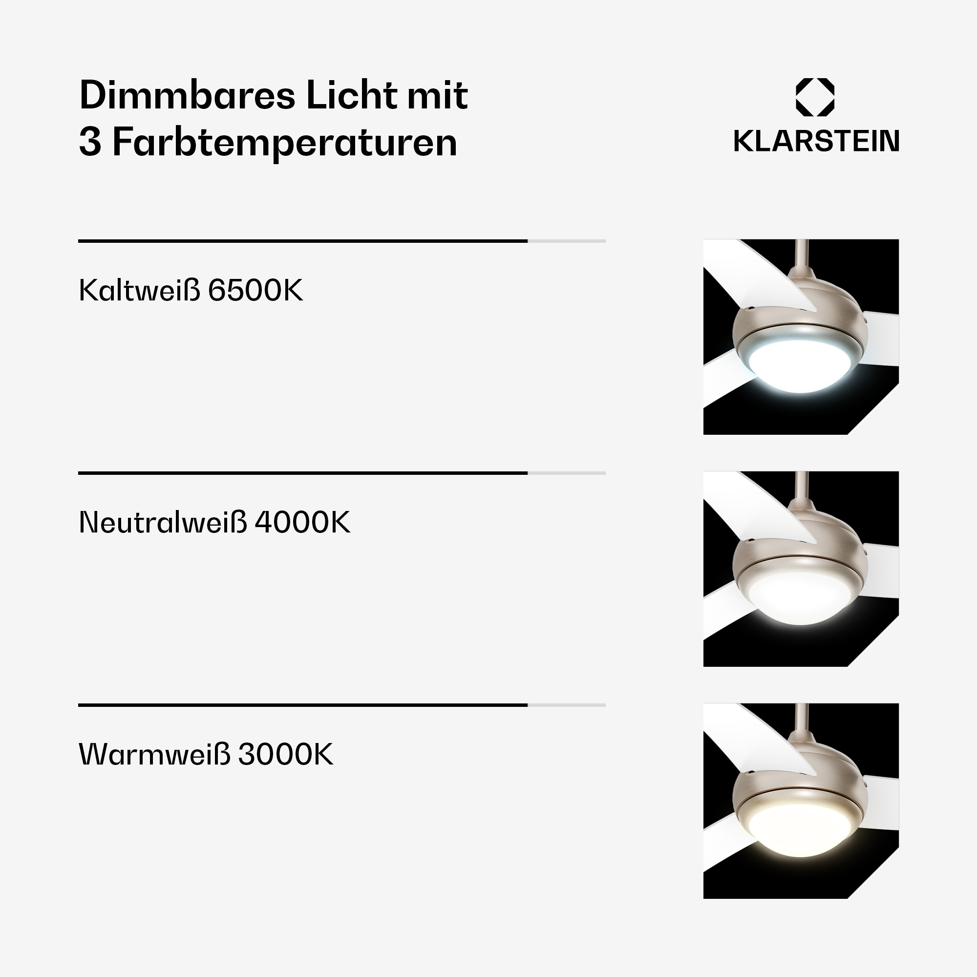 Ventilatore da soffitto con luce in 3 temperature colore: bianco freddo, neutro, caldo.