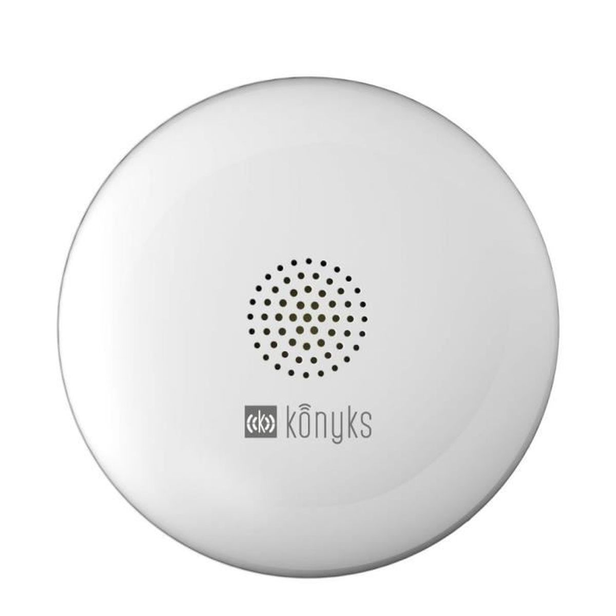 Ein weißes, rundes Gerät mit einem Lautsprechergitter und dem Konks-Logo.