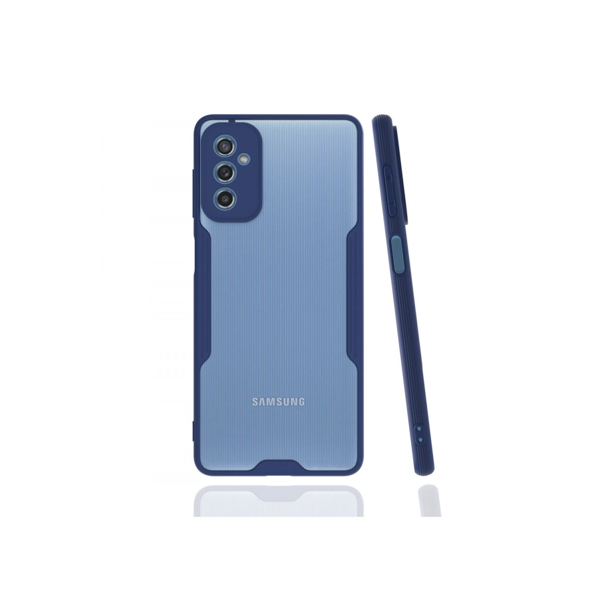 Üç kameralı, yivli arkaya sahip mavi Samsung telefon.