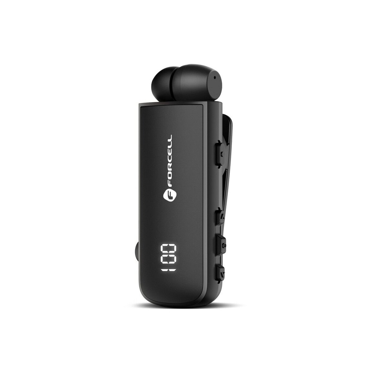 Auricolare Bluetooth nero con clip e display digitale.