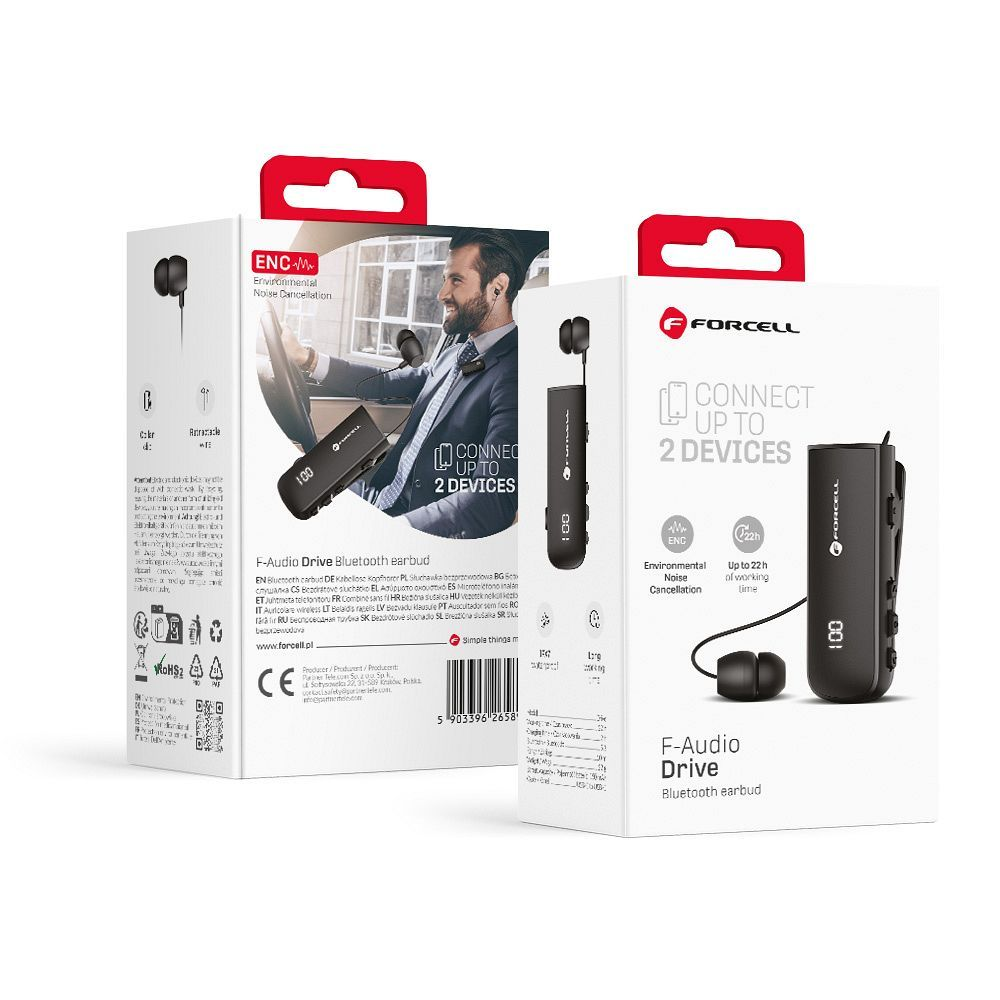 Confezione auricolari Bluetooth F-Audio Drive, con un uomo che li usa.