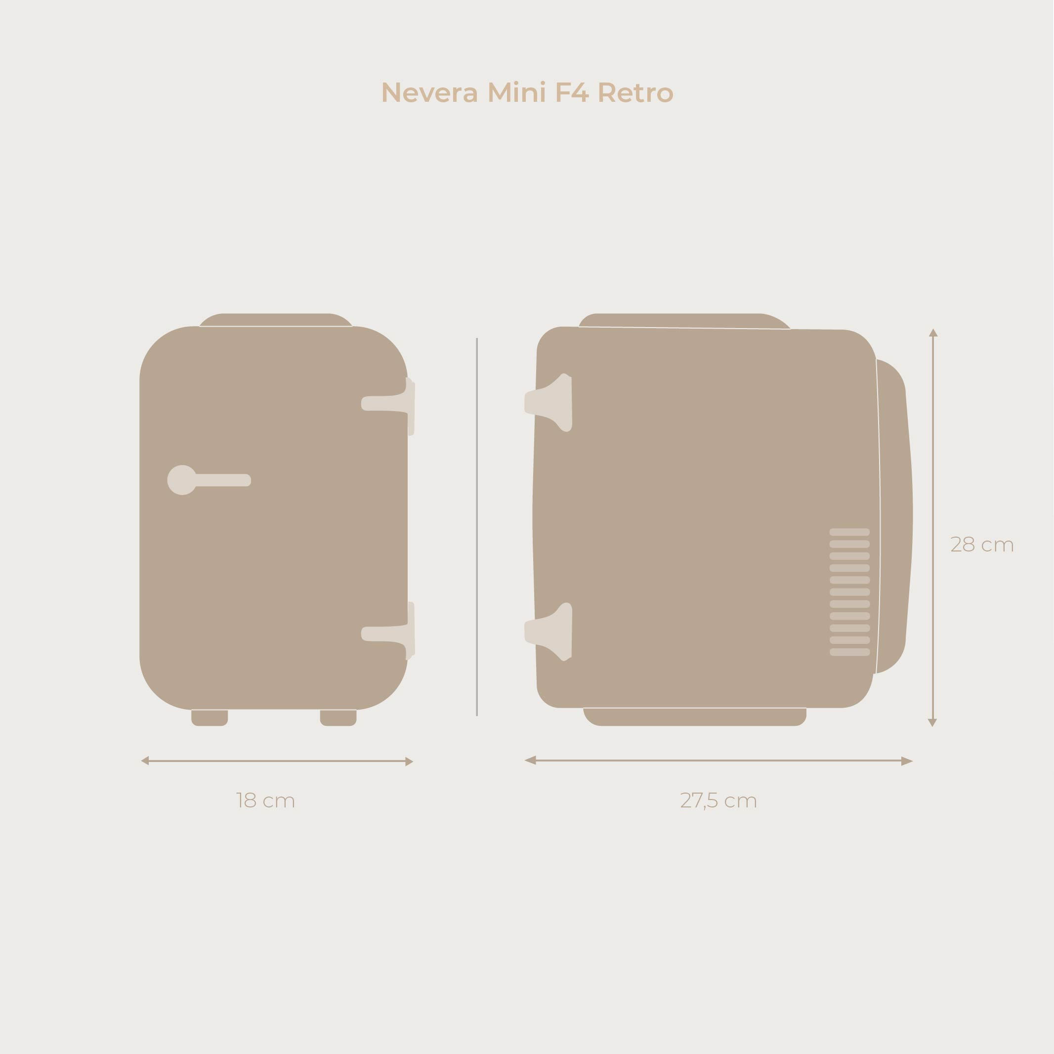 Dos vistas de un pequeño refrigerador con dimensiones.