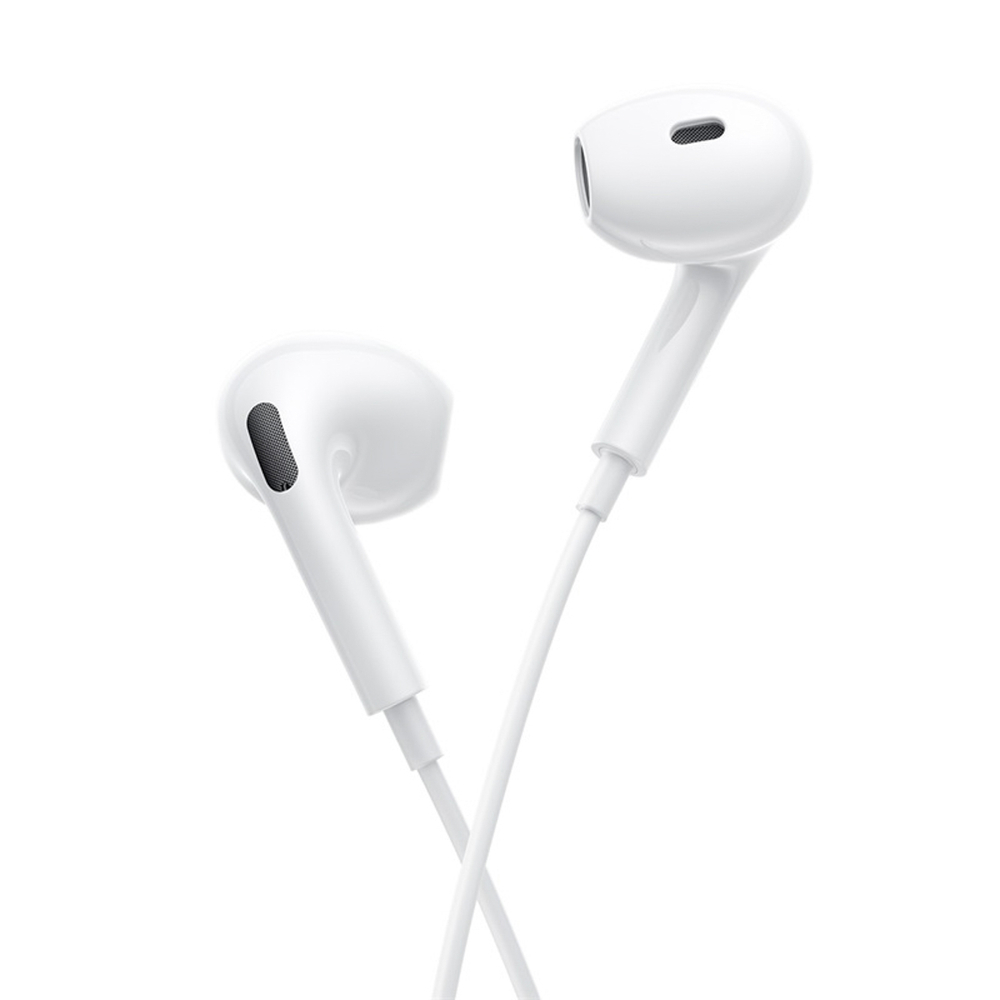 Due auricolari bianchi con cavi incrociati su sfondo bianco.