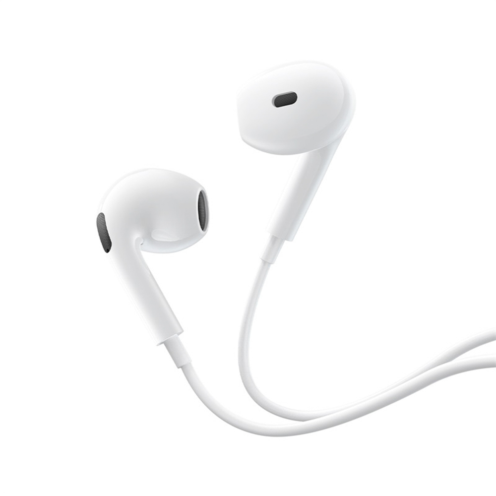 Auricolari bianchi in-ear con cavo su sfondo bianco.