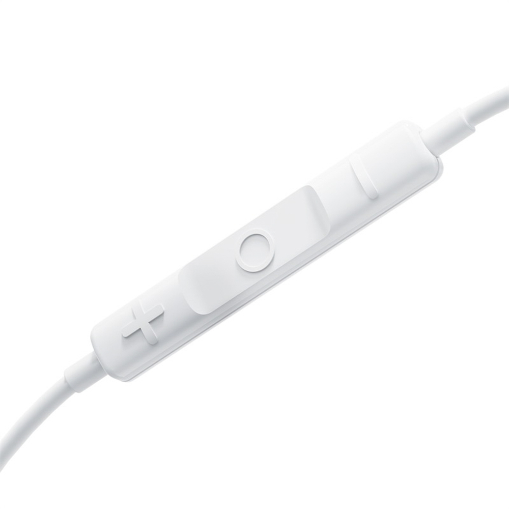 Telecomando auricolari bianco con pulsanti volume e riproduzione.