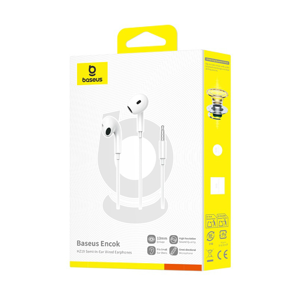 Confezione di auricolari cablati semi-in-ear Baseus Encok HZ19 bianchi.