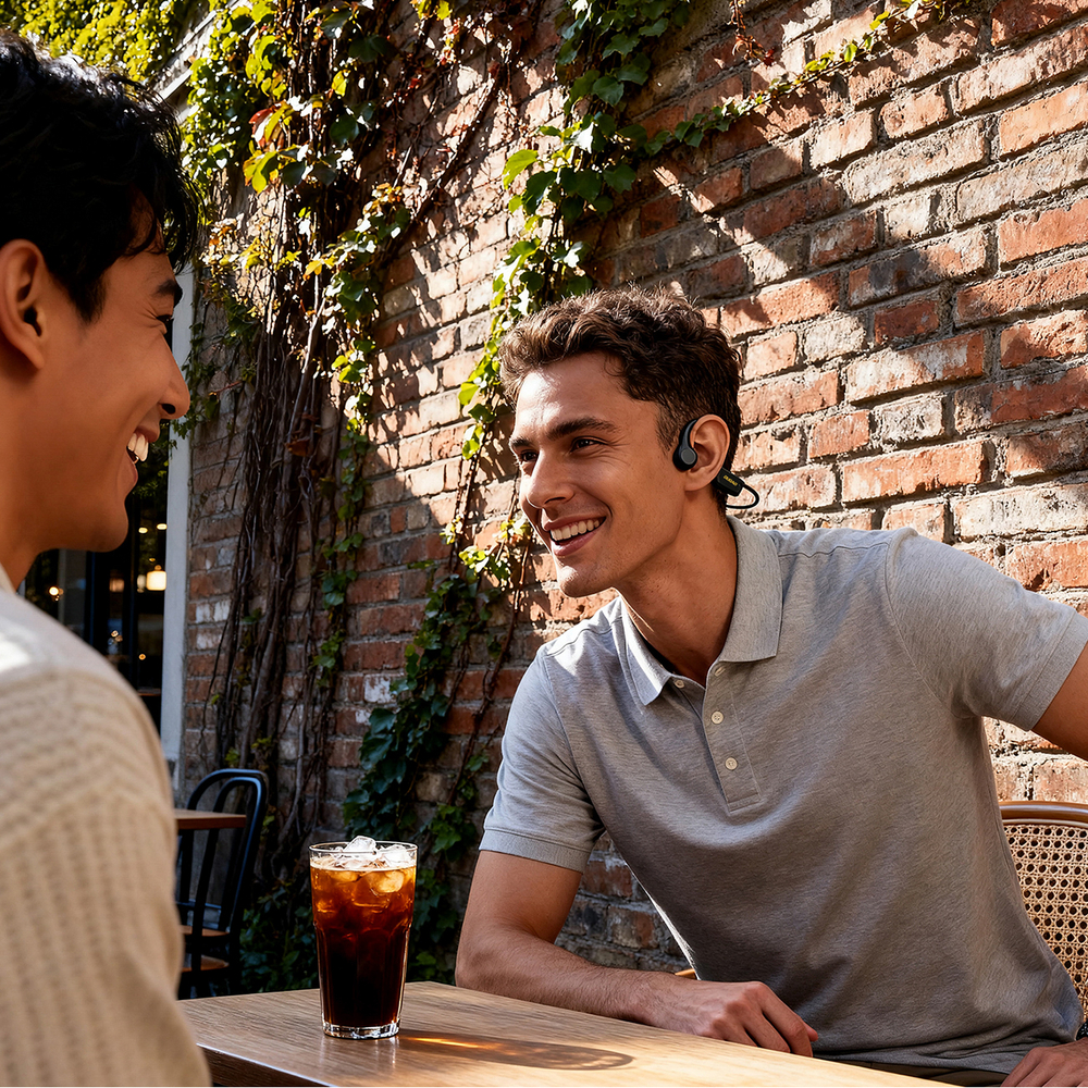 Due uomini si sorridono, seduti a un tavolo con caffè freddo. Muro di mattoni con edera.