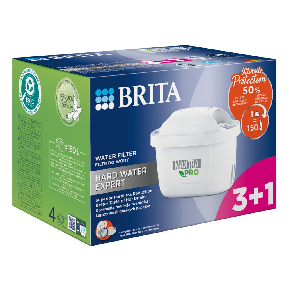 Confezione filtro acqua Brita con cartuccia filtro bianca e informazioni sul prodotto.