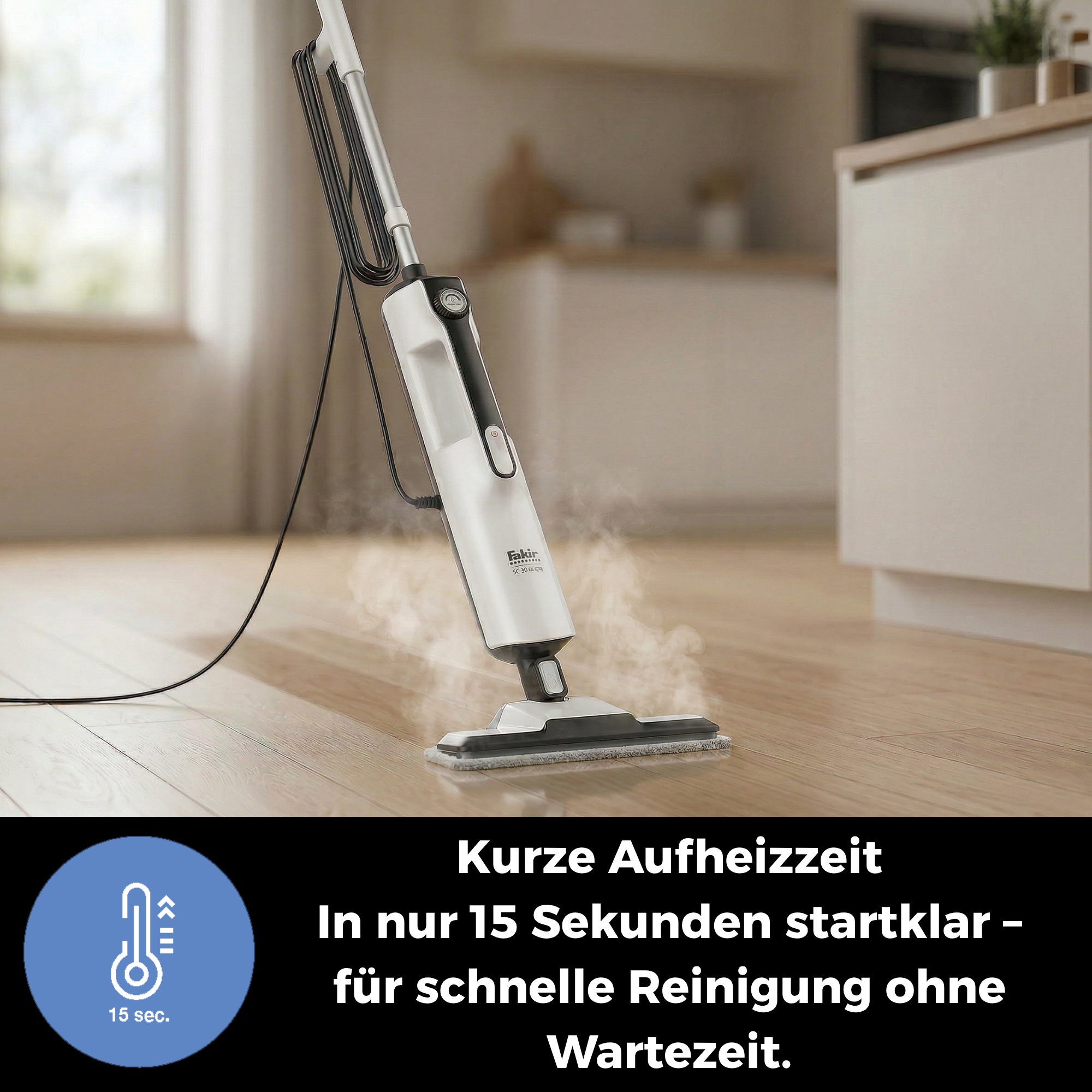 Ein weißer Dampfmopp reinigt einen Holzboden. Ein Kreis zeigt 15 Sekunden an.