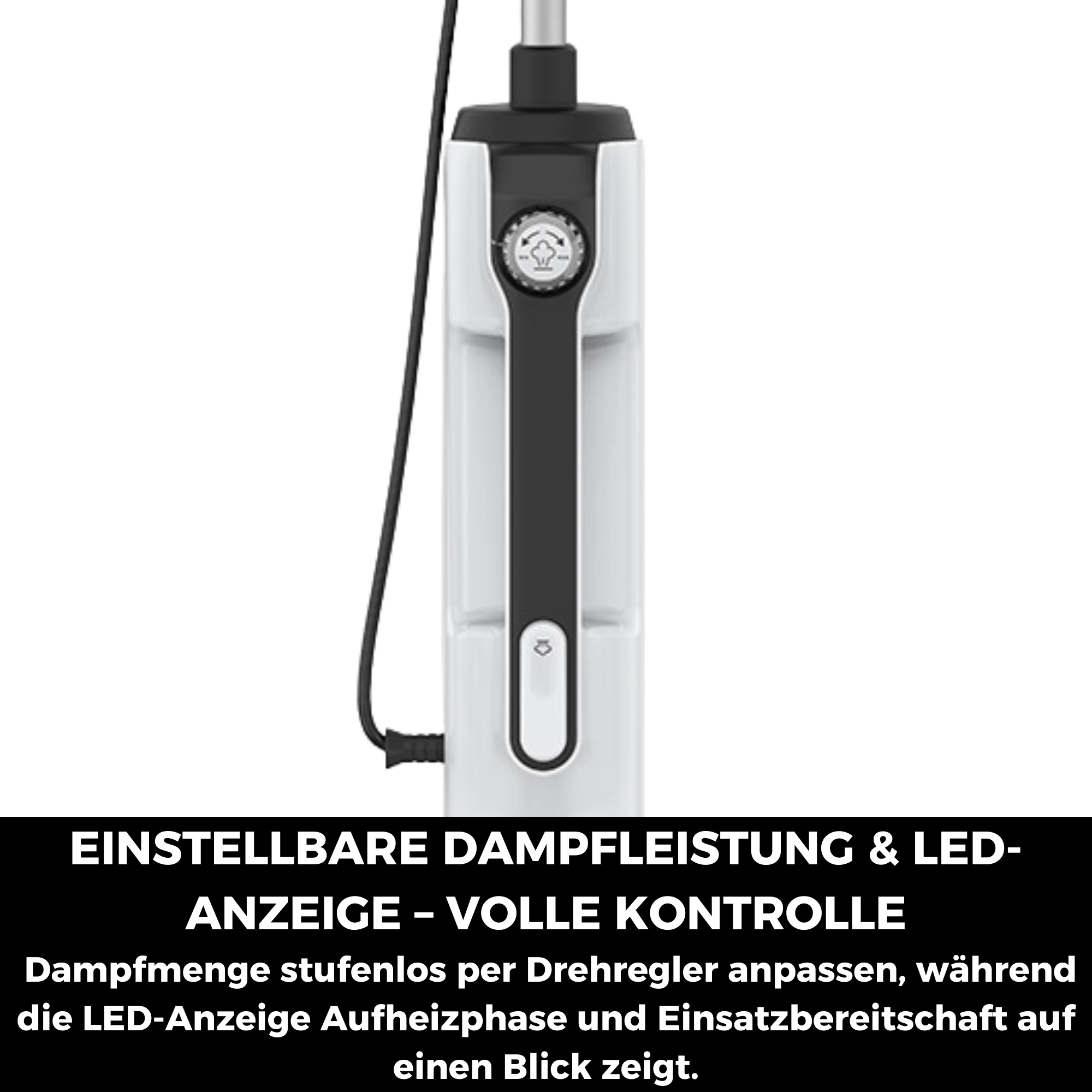 Ein weißer Dampfreiniger mit schwarzem Bedienelement und Drehregler.