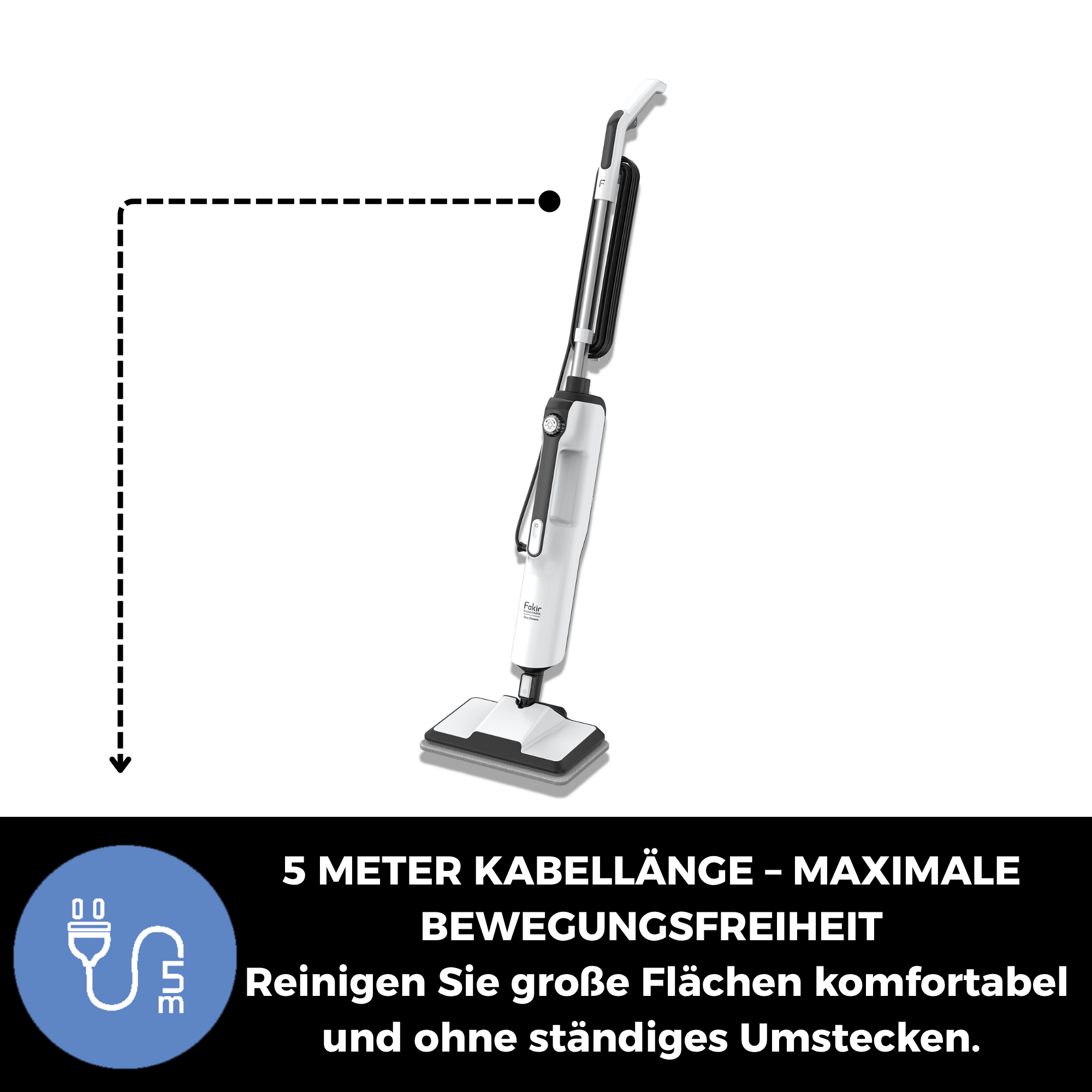 Ein weißer Dampfmopp mit schwarzem Griff und Kabel, neben einem Stecker-Symbol.
