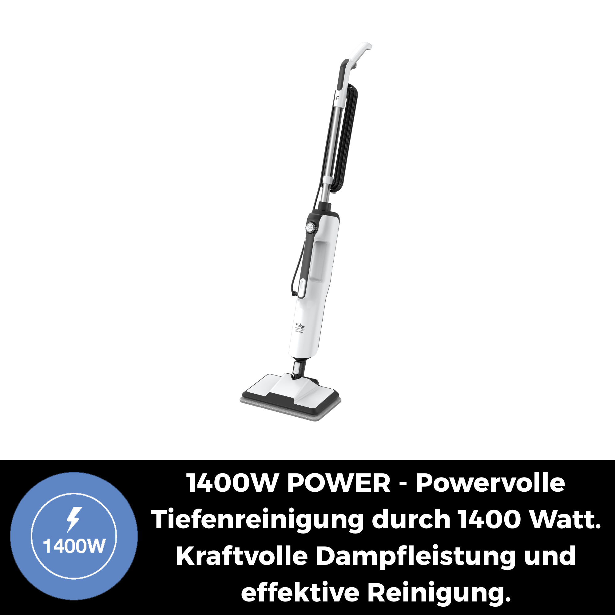 Ein weißer Dampfreiniger mit schwarzem Kabel und Griff. 1400W.