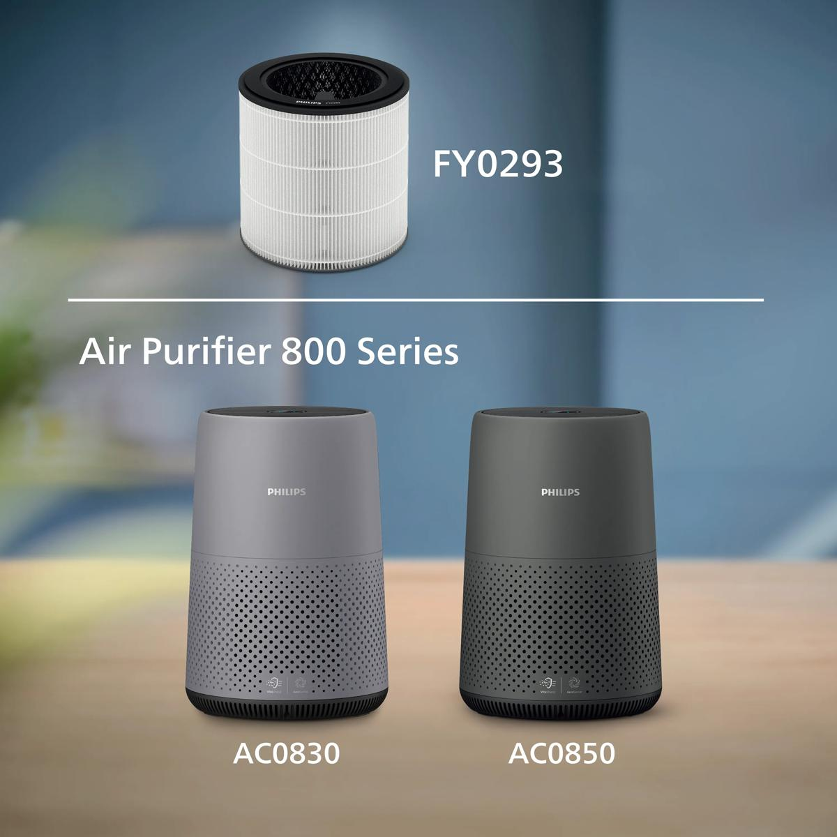 Un filtro dell'aria FY0293 sopra due purificatori d'aria Philips grigi AC0830 e AC0850.