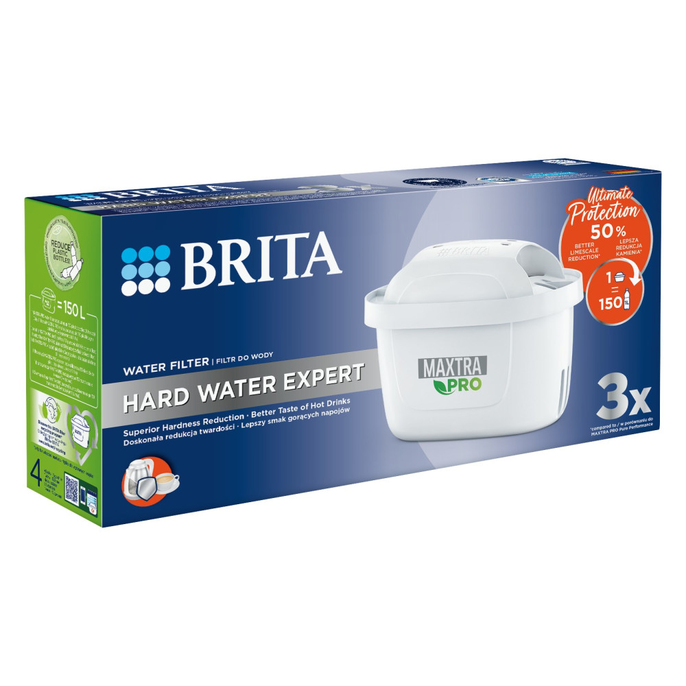 Pudełko filtra Brita Hard Water Expert z białym filtrem i niemieckim tekstem.