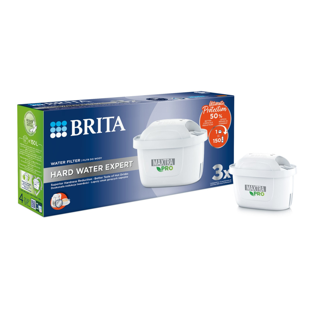 Opakowanie filtra do wody Brita Hard Water Expert z pojedynczym filtrem obok.