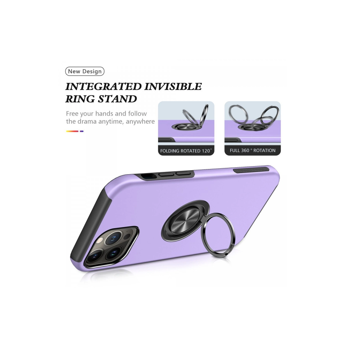 Entegre halka stantlı mor telefon kılıfı. 120° ve 360° dönüş gösterir.