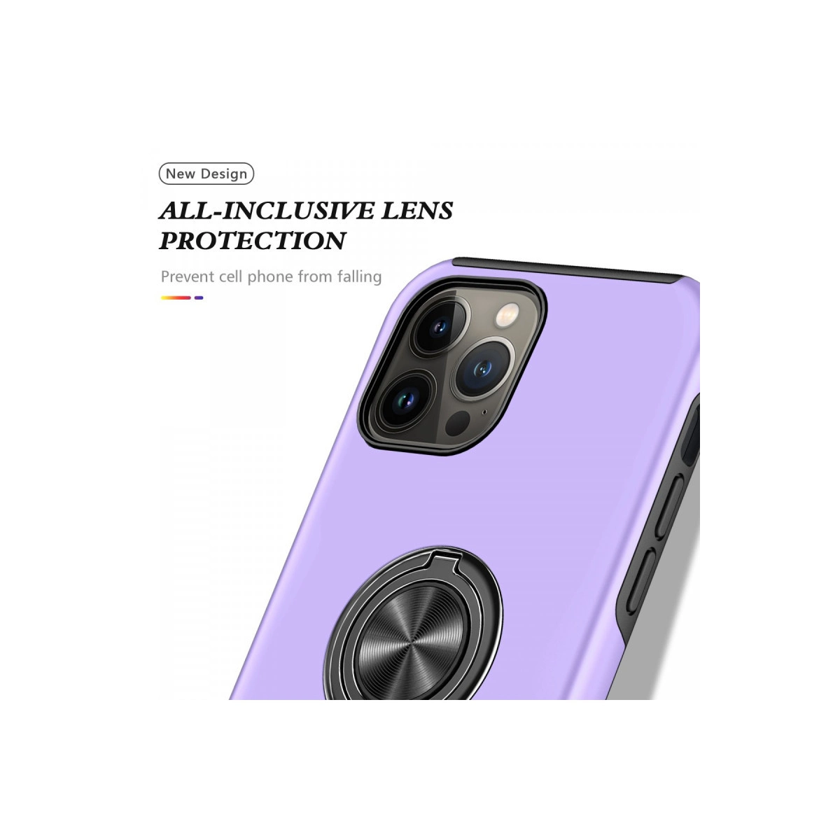 Halka tutuculu mor telefon kılıfı, kapsamlı lens korumasını gösteriyor.