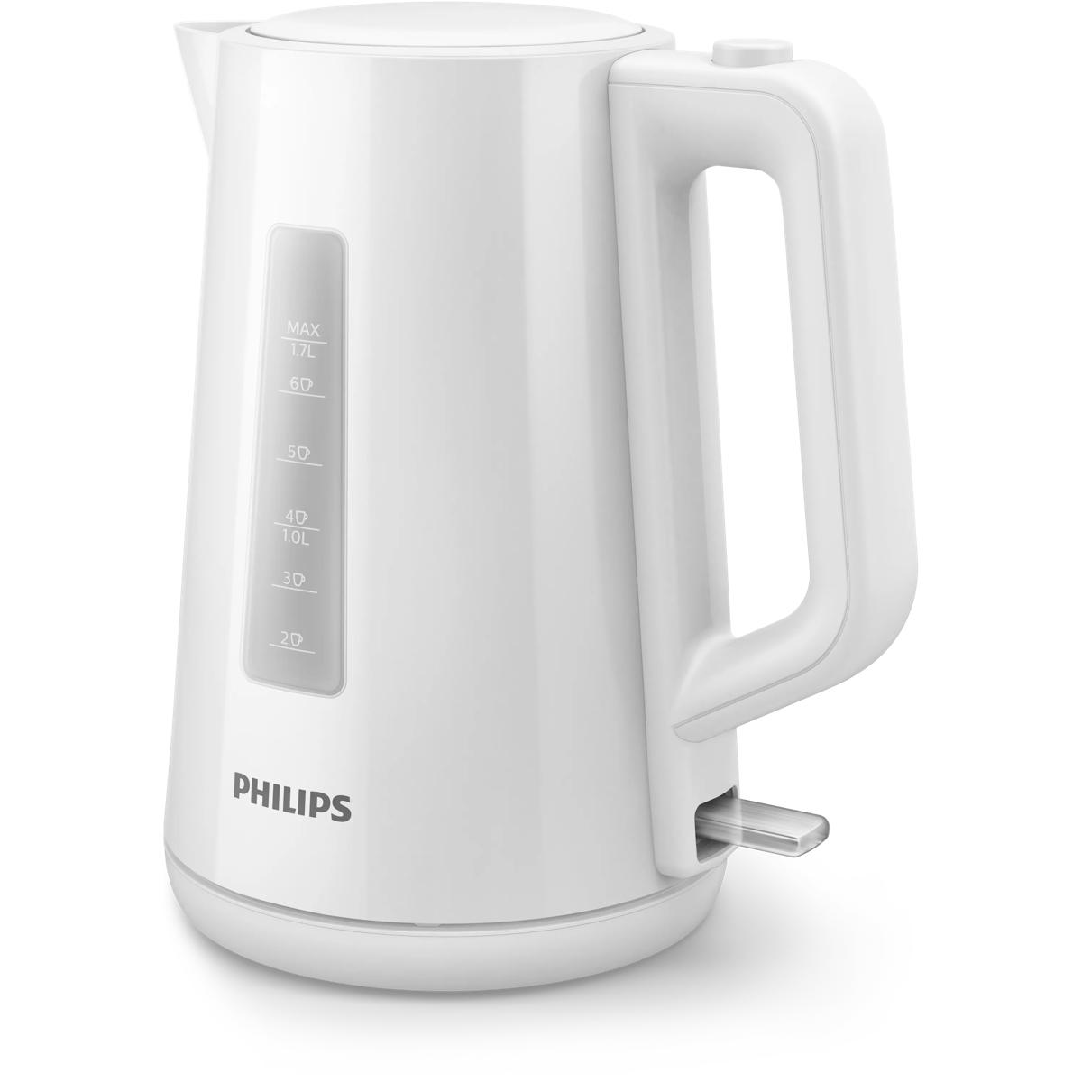 Eine weiße Philips-Wasserkocher mit einem transparenten Wasserstandsanzeiger.