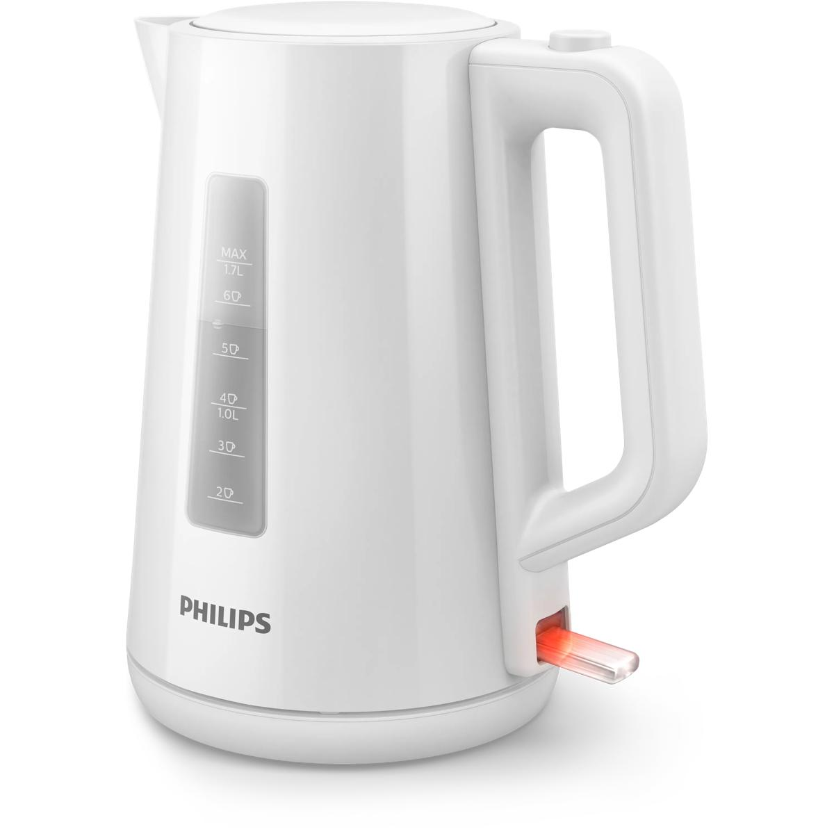 Weier Wasserkocher von Philips mit Wasserstandsanzeige und rotem Licht.