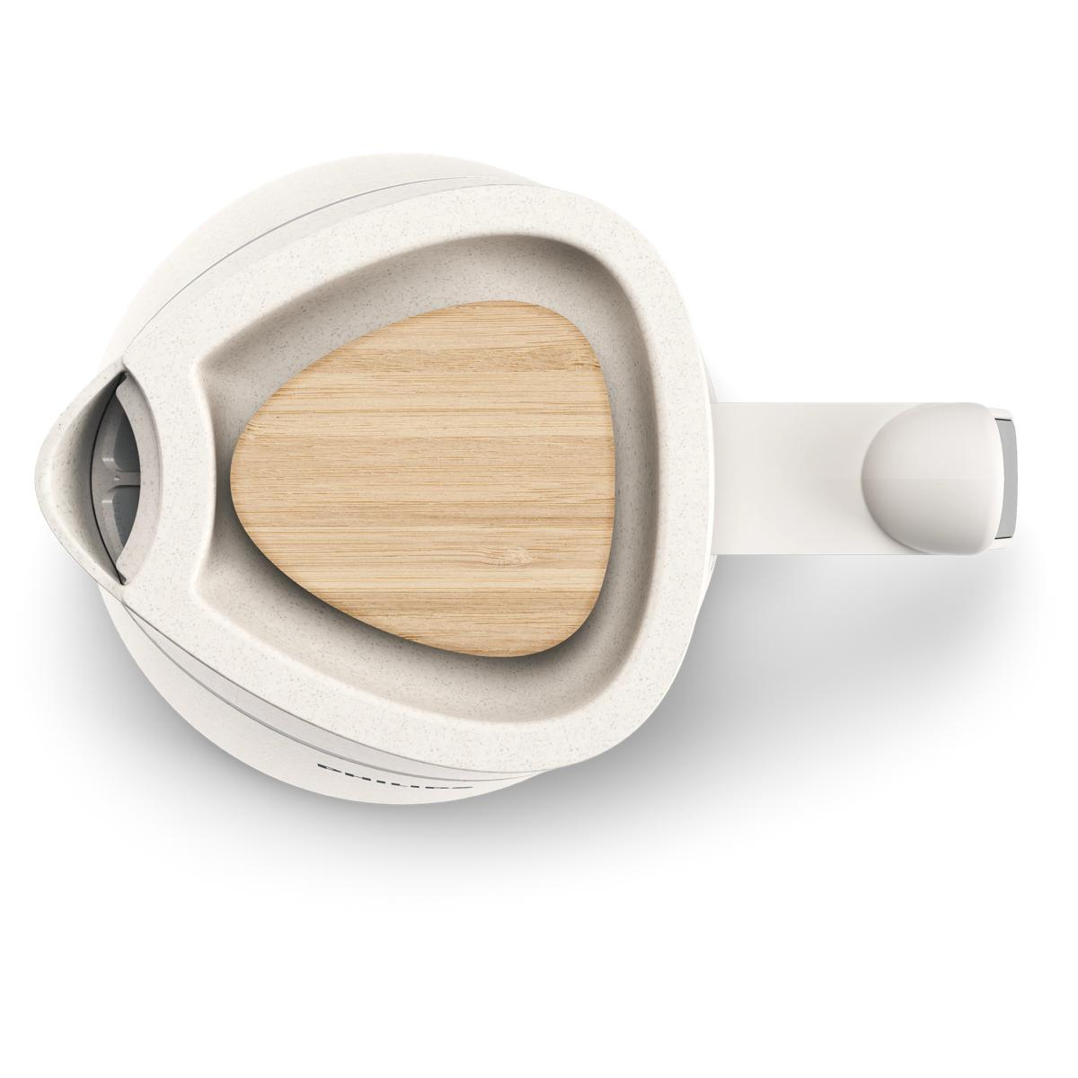 Tetera blanca con tapa y asa de madera.