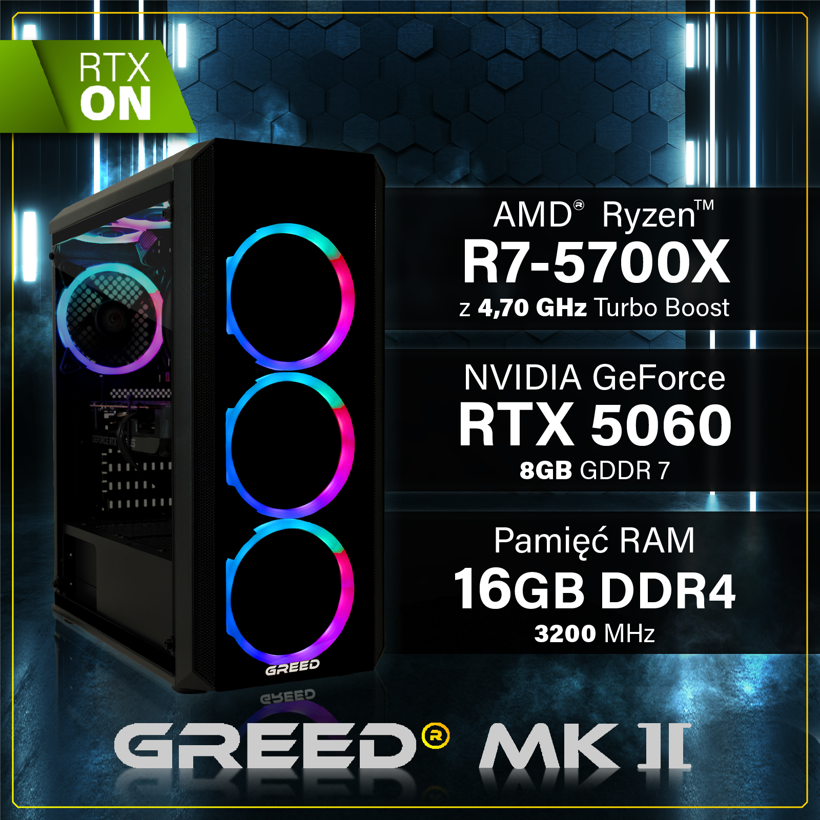 Komputer gamingowy z wentylatorami RGB, AMD Ryzen R7-5700X, RTX 5060, 16GB RAM.