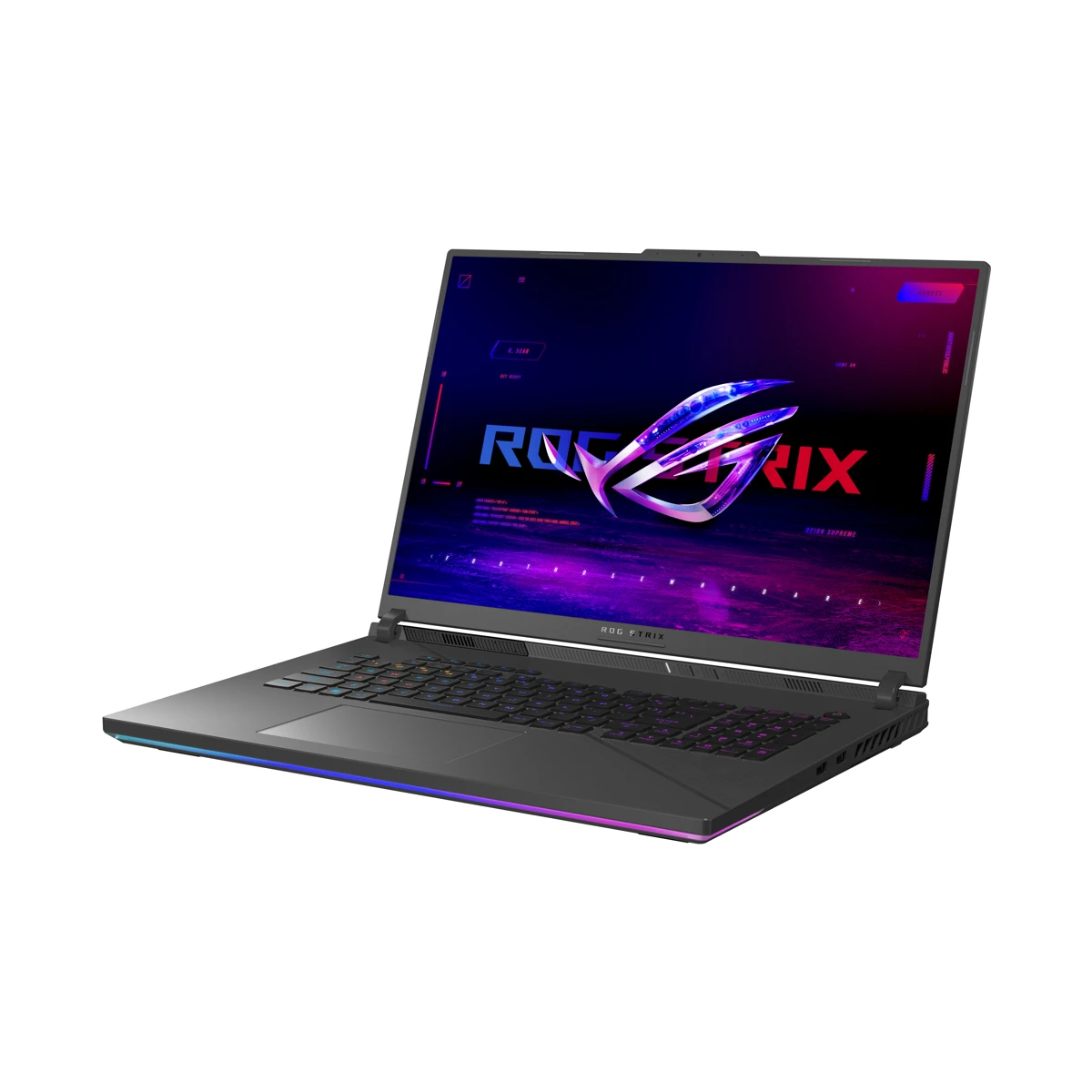 Ekranında aydınlatmalı ROG Strix logosu bulunan siyah dizüstü bilgisayar.