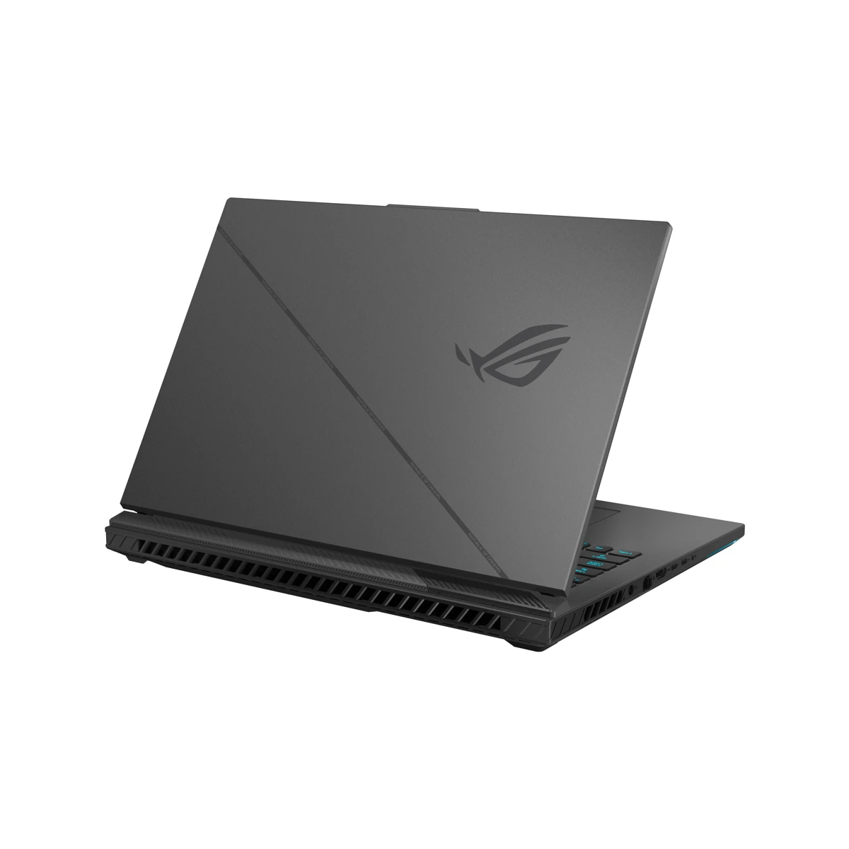 Gri ASUS ROG dizüstü bilgisayar, yandan ve arkadan görünüm, kapakta logo bulunur.