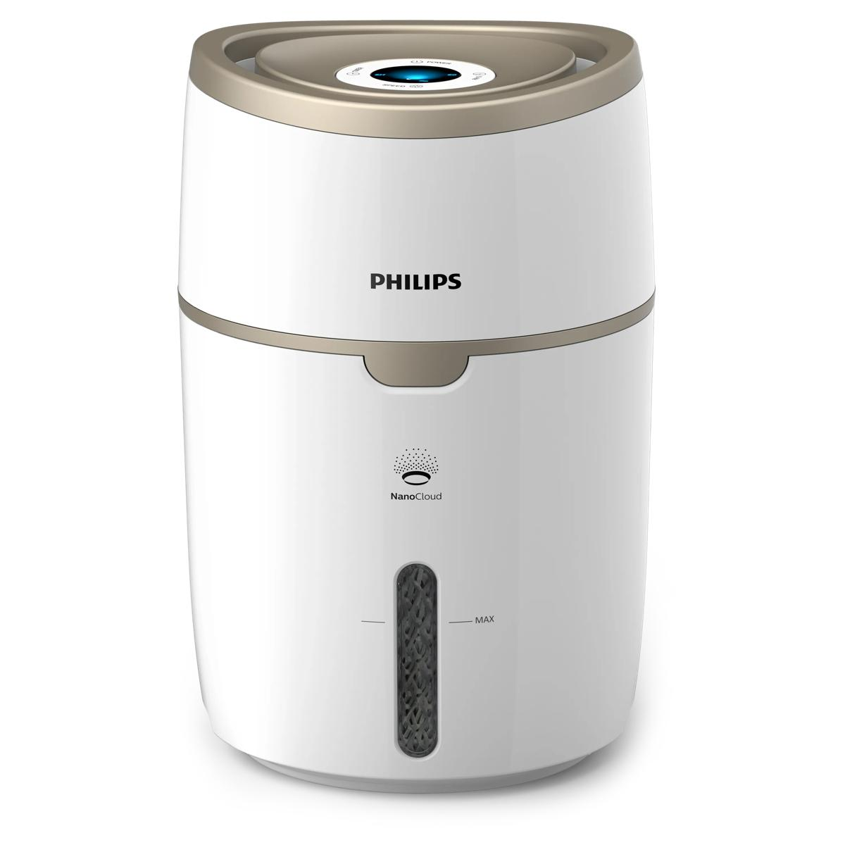 Un purificador de aire Philips blanco con acento dorado y tecnología NanoCloud.