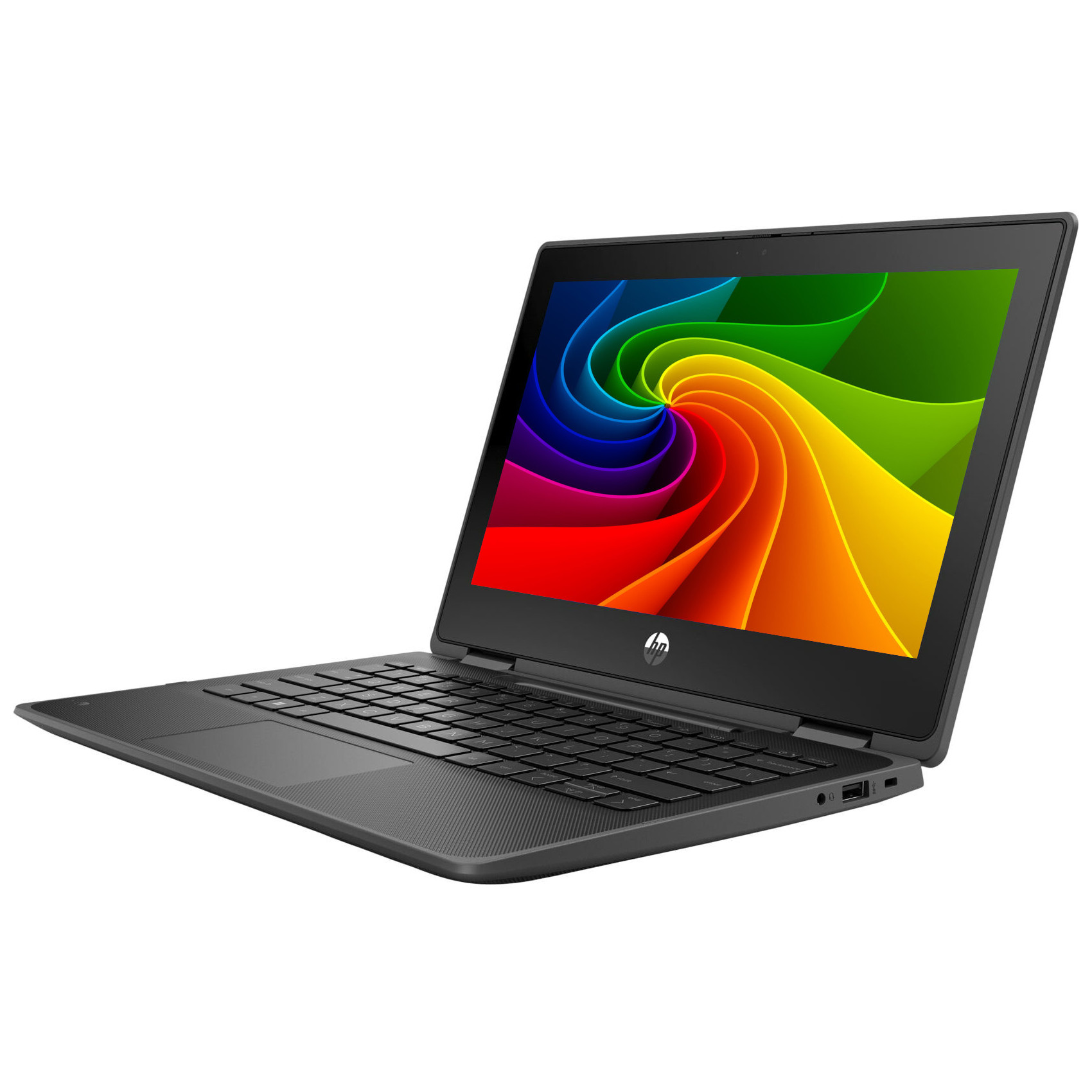 Ein geöffneter schwarzer HP Laptop mit einem bunten Wirbel auf dem Bildschirm.