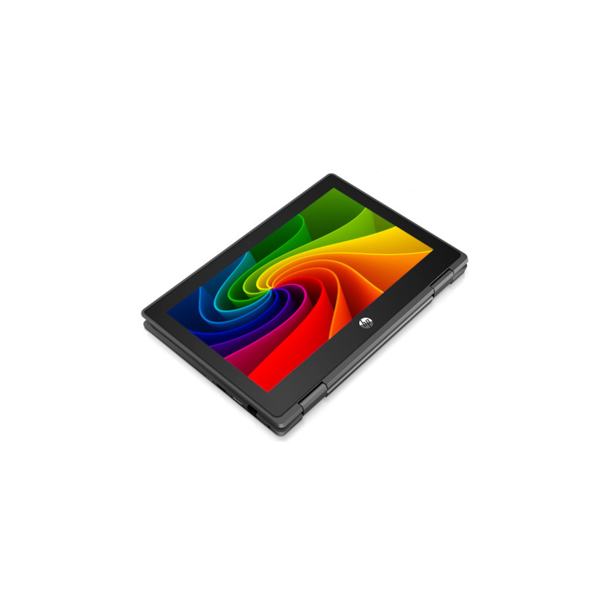 Ein schwarzes Tablet mit einem bunten spiralförmigen Hintergrundbild.