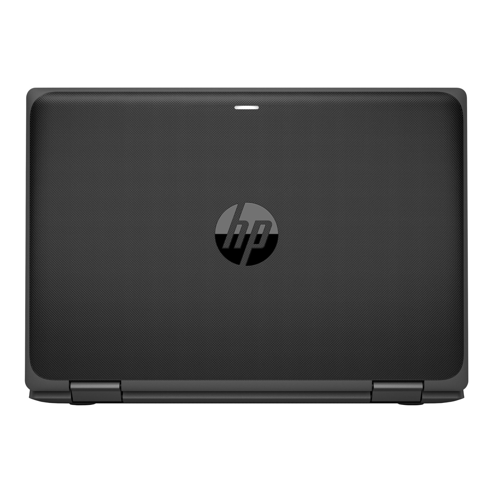 Geschlossener schwarzer HP Laptop mit Textur und Logo.