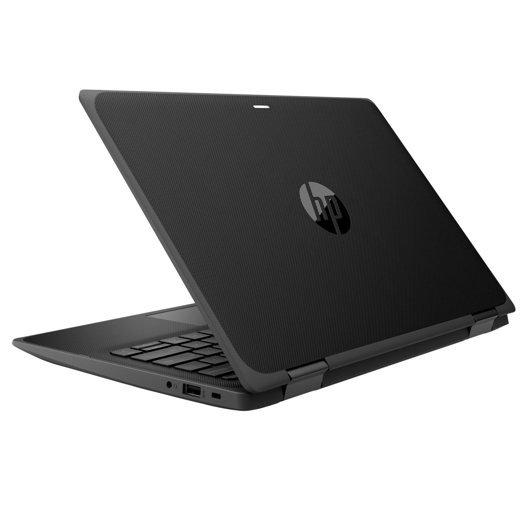 Ein geöffneter schwarzer HP Laptop mit Tastatur und HP-Logo auf dem Deckel.