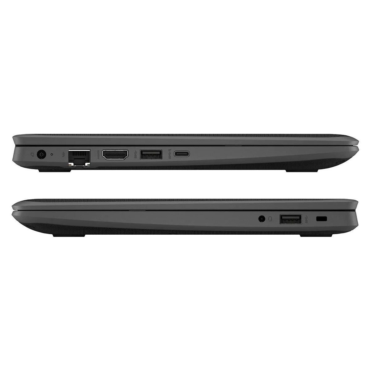 Grauer Laptop von der Seite mit Anschlüssen: Netzteil, Ethernet, HDMI, USB-A, USB-C.