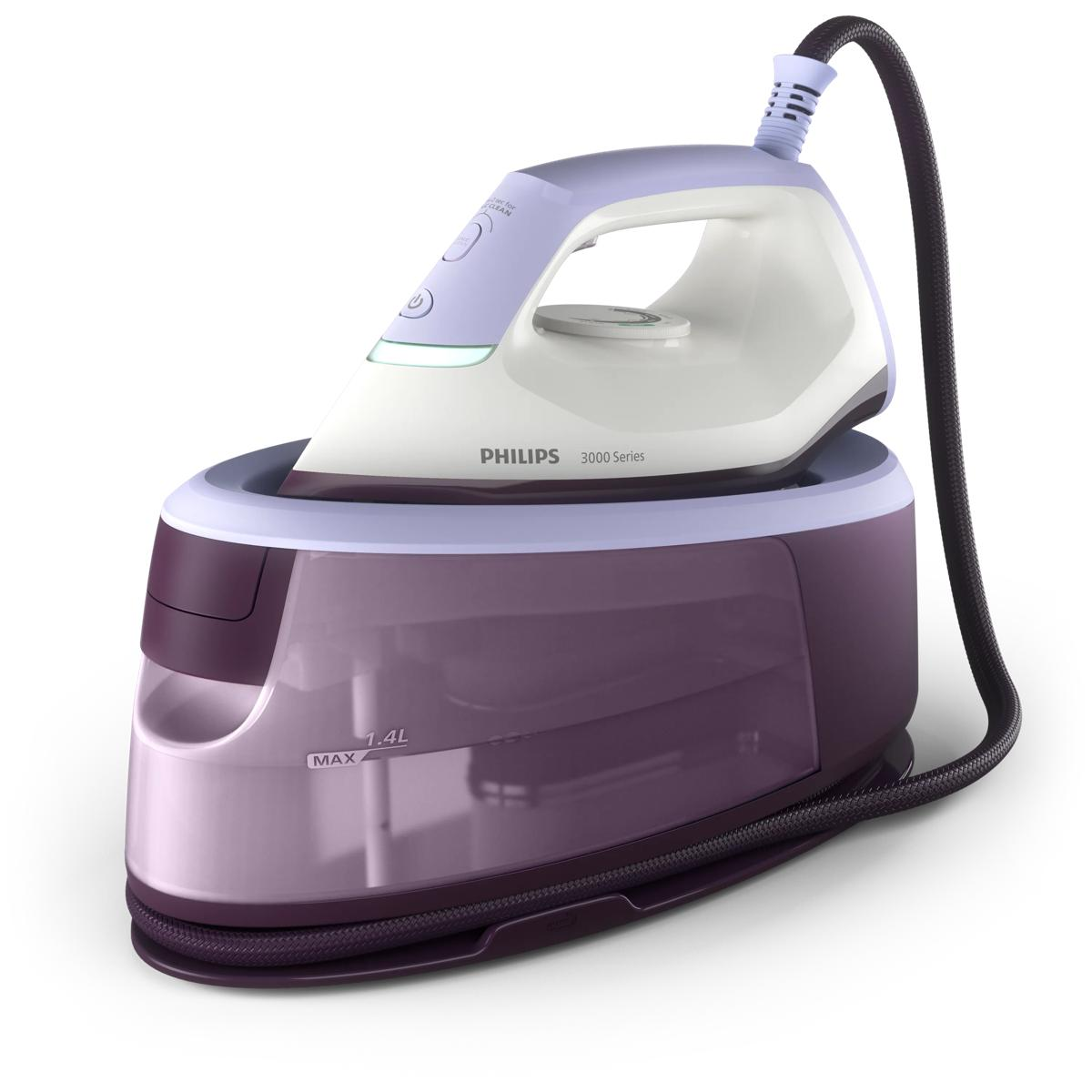 Eine weiße und violette Philips 3000 Series Dampfbügelstation mit schwarzem Kabel.