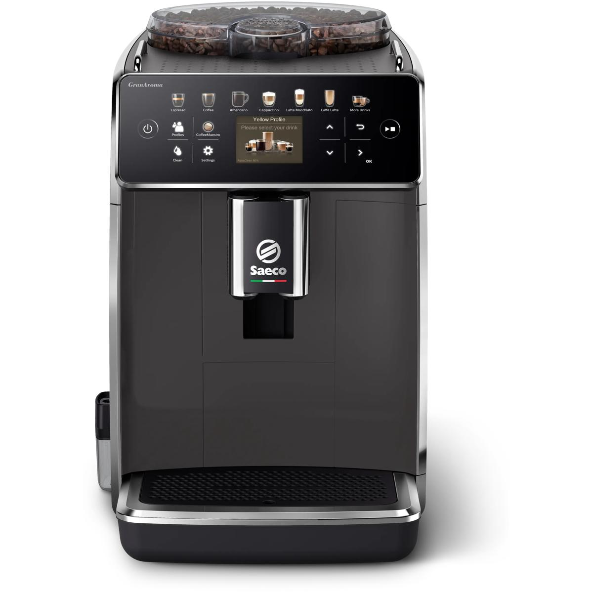 Ein schwarzer Kaffeevollautomat mit einem Bildschirm, der Getränke anzeigt.