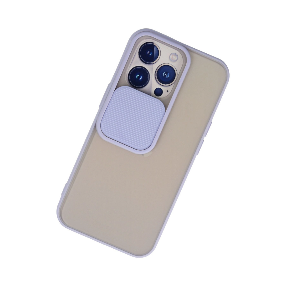 Açık bej telefonun arkası, kayan kamera kapağı ve mor kenarlıklı.