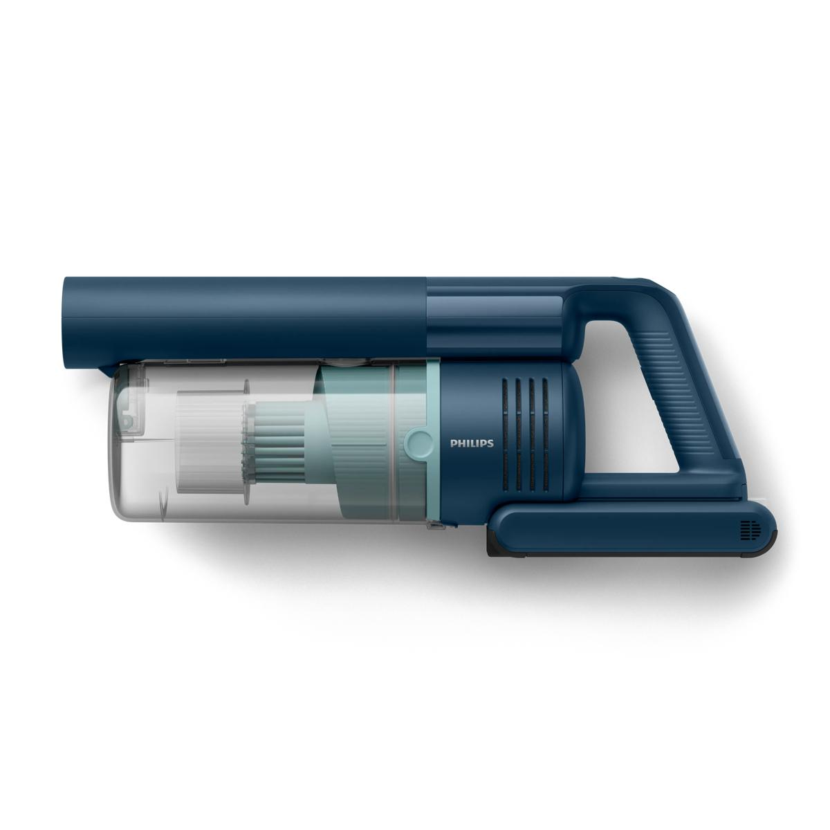 Niebieski odkurzacz akumulatorowy z przezroczystym pojemnikiem i szczotką.