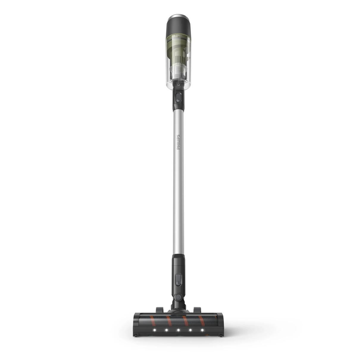 Una aspiradora Philips inalámbrica, elegante, plateada y negra con cabezal de cepillo.