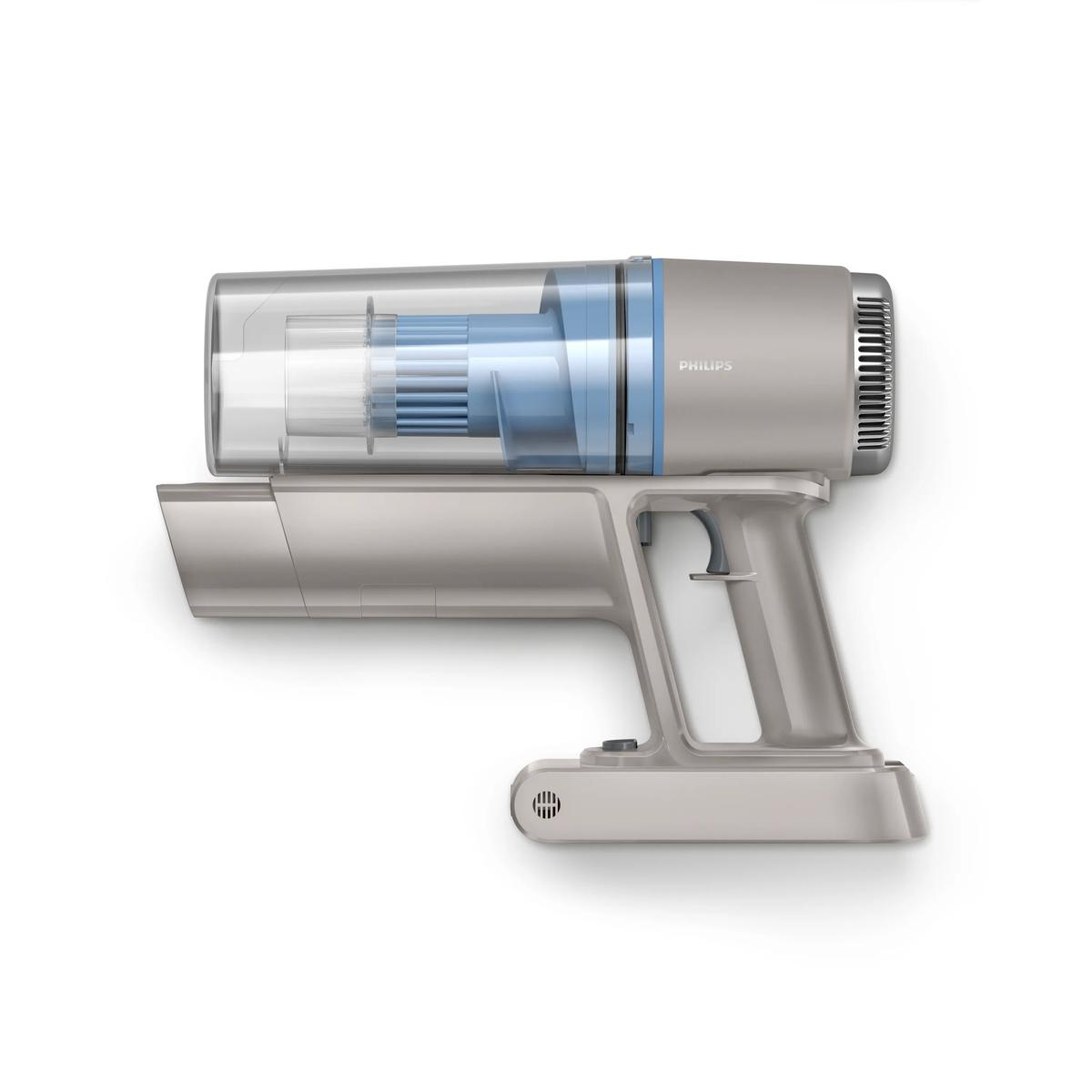 Un aspirapolvere portatile Philips grigio con contenitore trasparente e filtro blu.