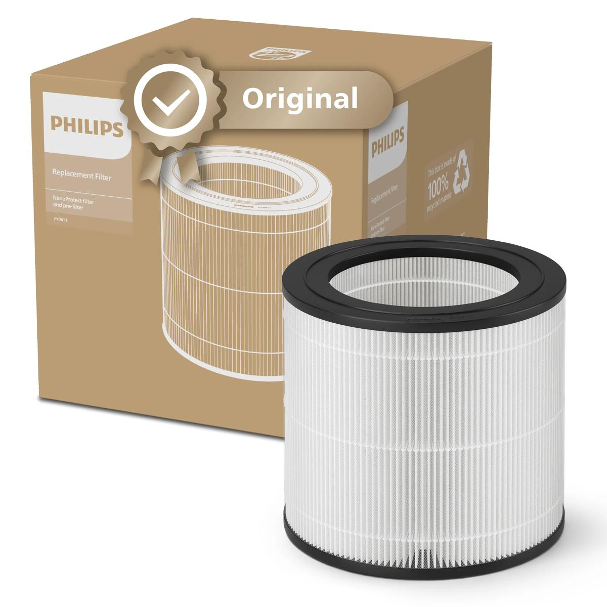 Ein Philips Ersatzfilter liegt neben seiner braunen Originalverpackung.