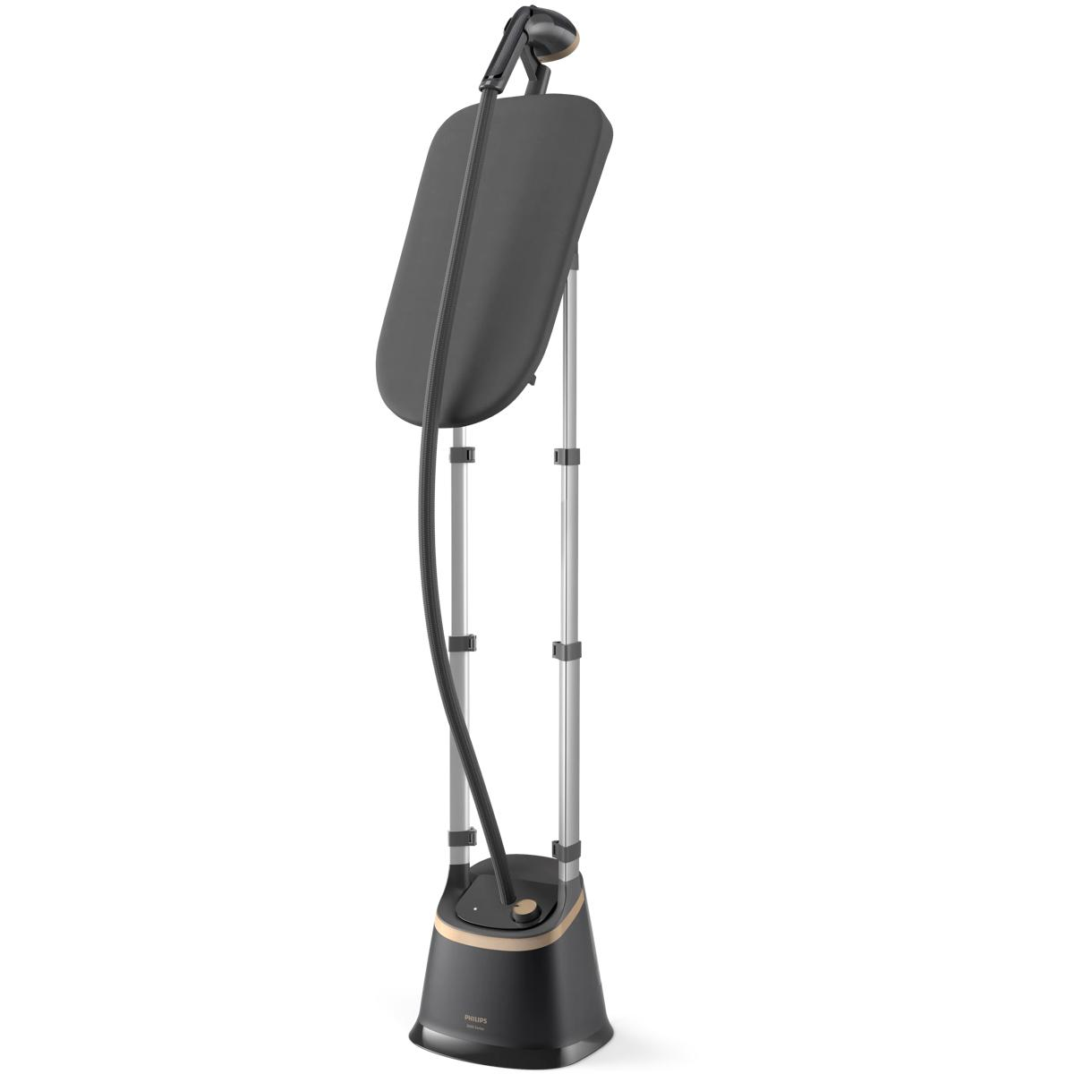 A standing garment steamer with a black base, silver poles, and a gray ironing board.
