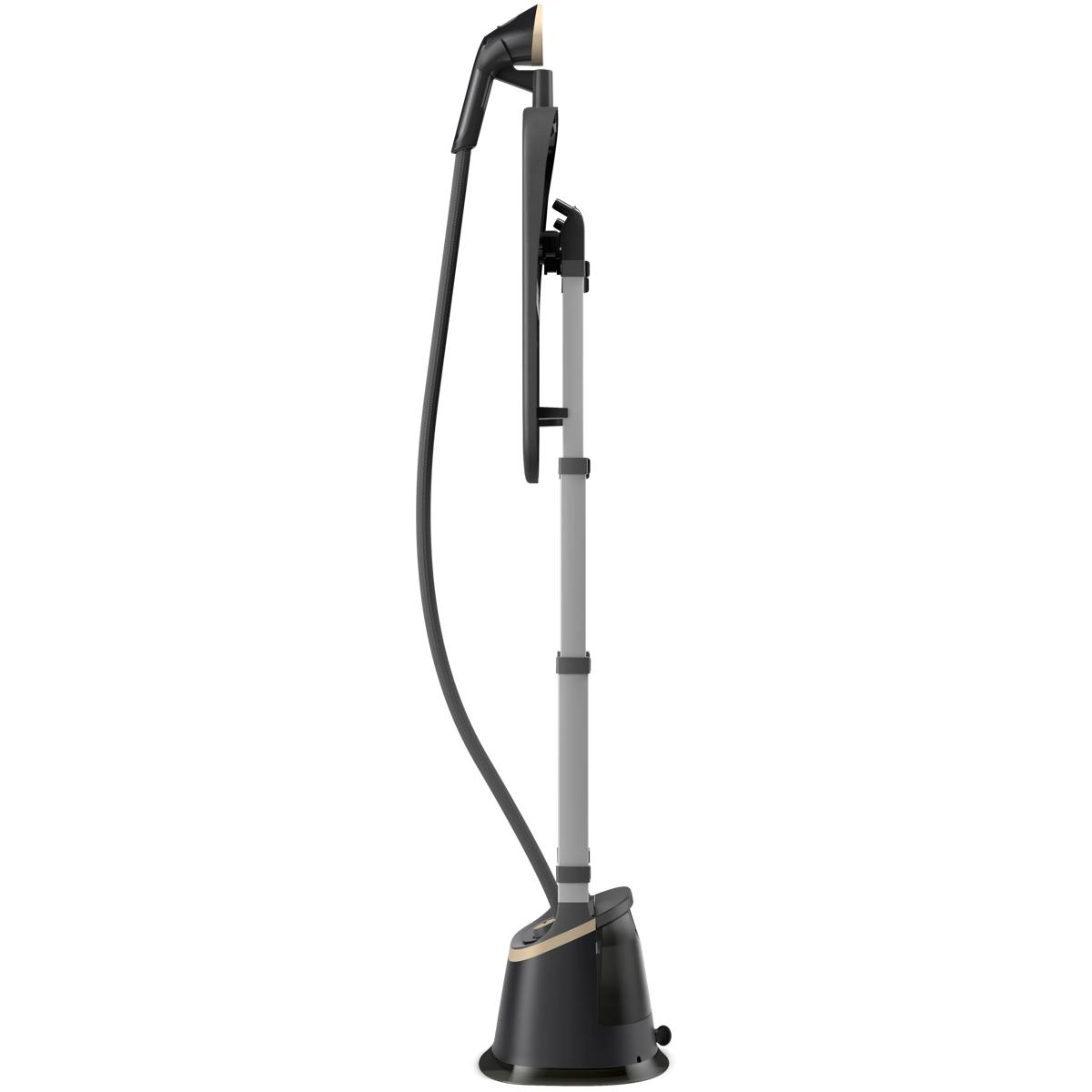 A black garment steamer with a silver stand and hose.