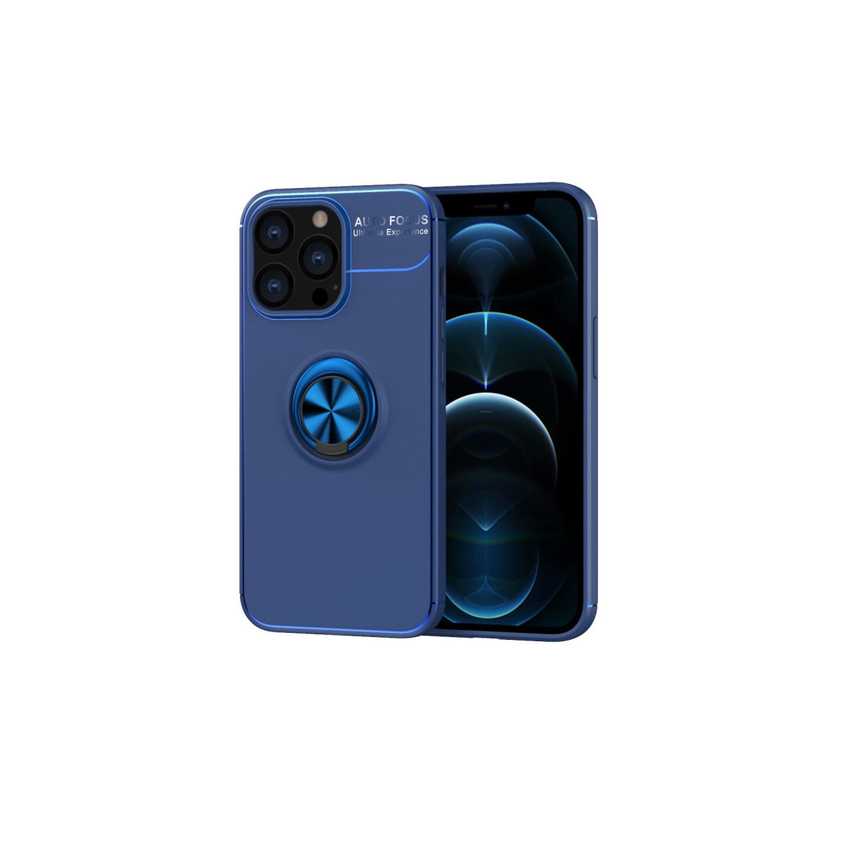 Halka tutuculu ve üç kamera lensli mavi telefon kılıfı. Yanındaki telefon karanlık arka plan gösterir.