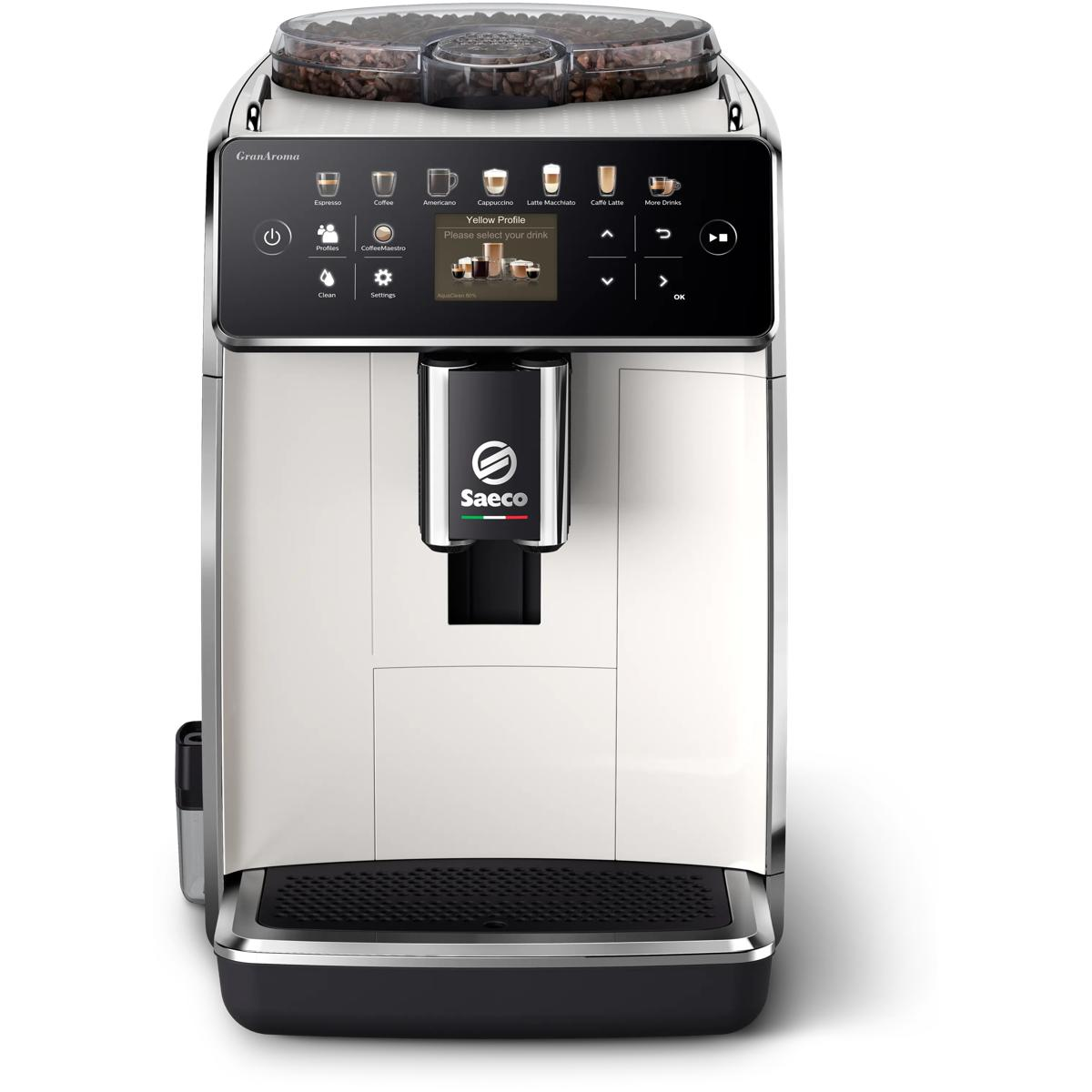 Cafetera blanca con pantalla táctil y depósito de granos arriba.