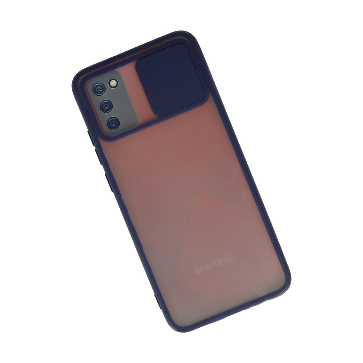 Kayar kamera kapaklı ve yarı saydam kırmızımsı arkalı koyu mavi telefon kılıfı.