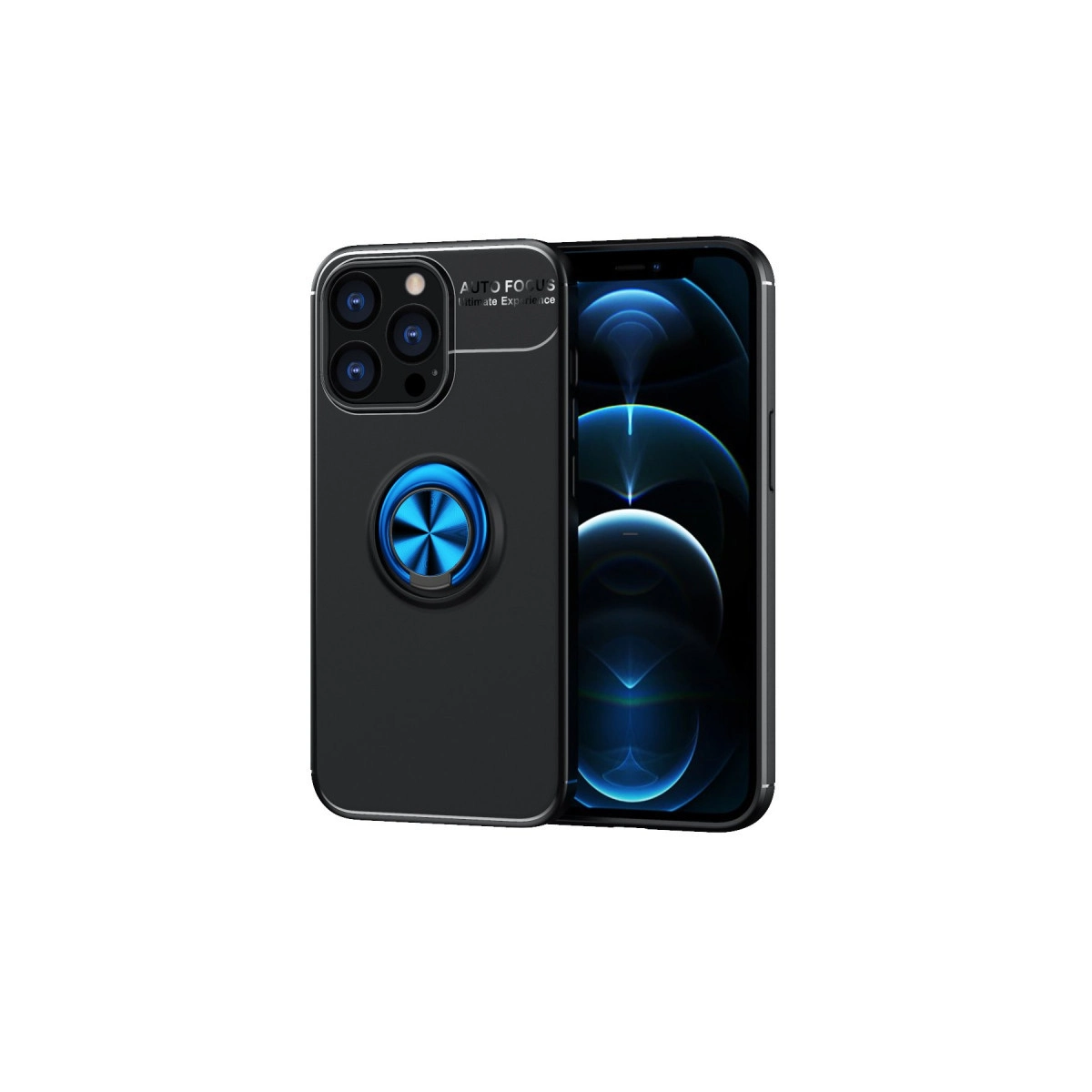 Arkada mavi halka stantlı siyah telefon kılıfı, bir akıllı telefonun yanında.