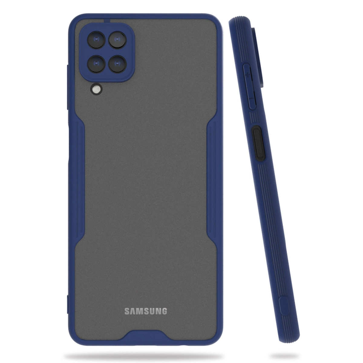 Mavi ve gri Samsung telefon kılıfı beyaz arka plan üzerinde iki açıdan gösterilmektedir.