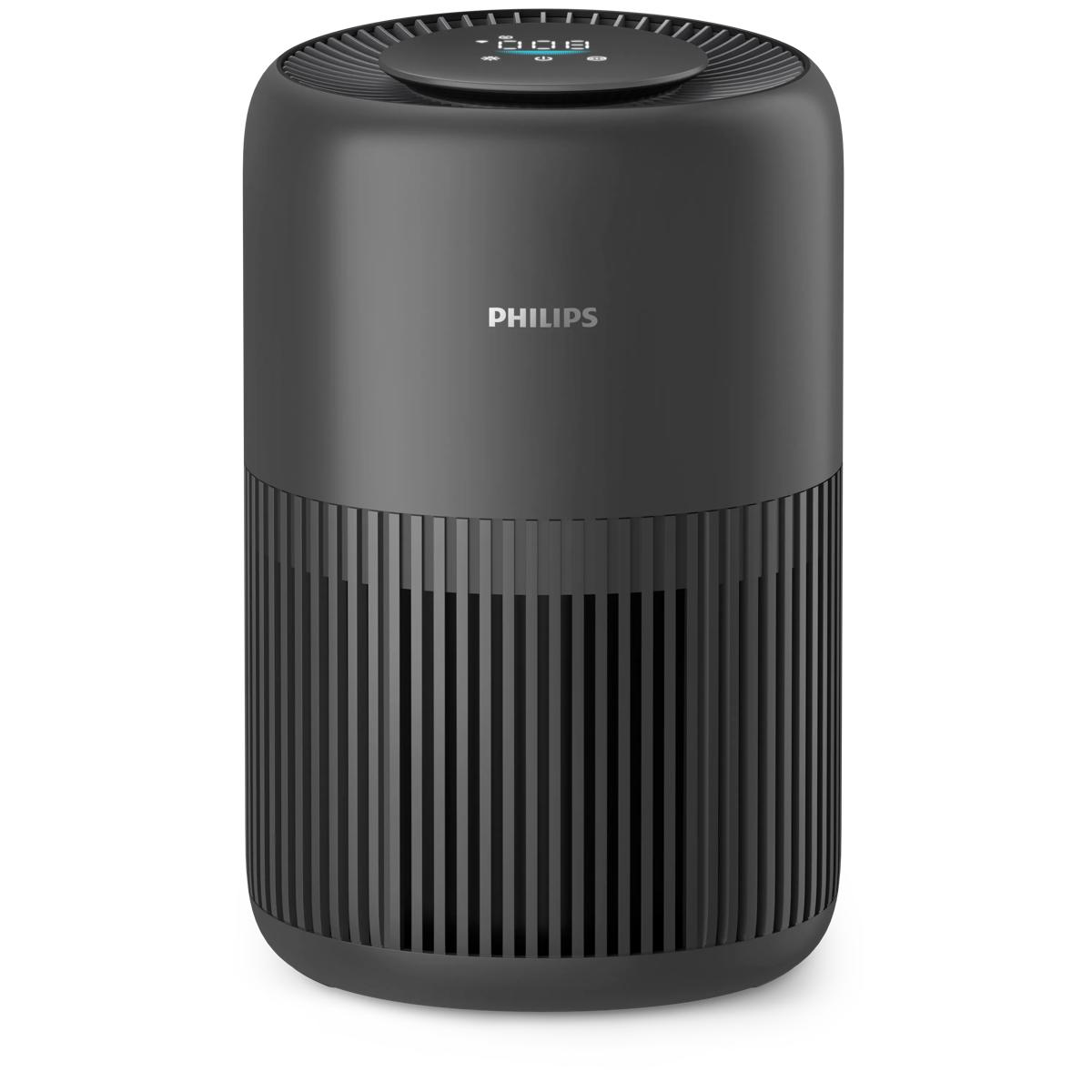 Czarny oczyszczacz powietrza Philips z pionowymi żaluzjami i cyfrowym wyświetlaczem.