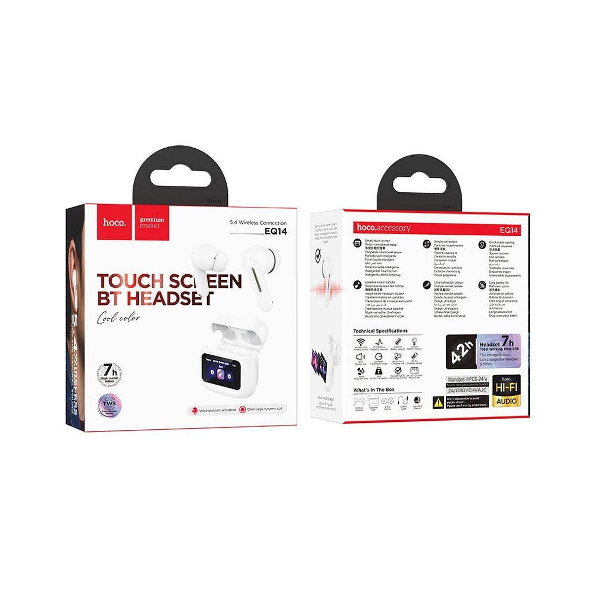 Embalaje del Hoco EQ14 Touch Screen BT Headset con auriculares y estuche de carga.